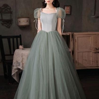 Princess Lovely Green Tulle Cap Sleeves Long Prom..