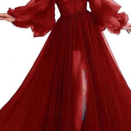 Sexy Wine Red Tulle Long Sleeve Evening Dress