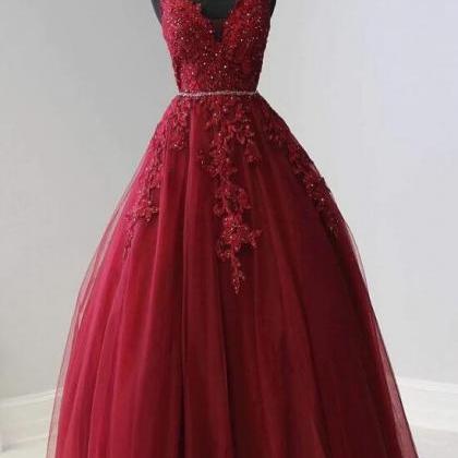 A-line V Neck Tulle Lace Prom Dress Fromal Evening..