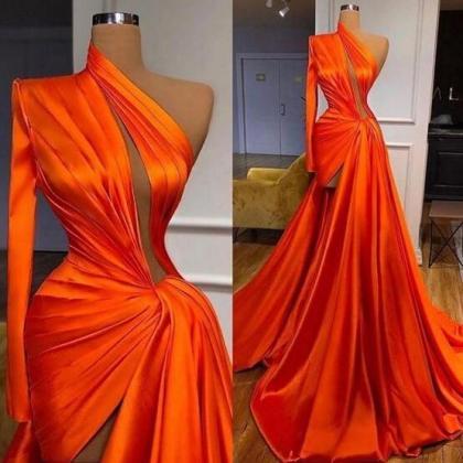 One Shoulder Modest Coral Orange Prom Dresses