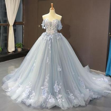 Off Shoulder Blue Prom Dress With 3d Flowers