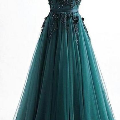 Romantic V Neck Green Tulle Long Prom Dress With..