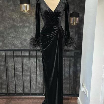 A Line Velvet Black Evening Dress, V Neck Formal..