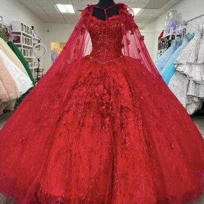 Ball Gown Tulle Cape Red Quinceanera Dresses With..