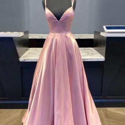 Beautiful Pink Soft Satin Long V-neck Prom Dresses With Pocket Anf Split main image 1