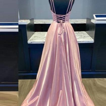 Sweet Halter V Neck Pink Satin A Line Long Party Dress Prom Gown SP1568