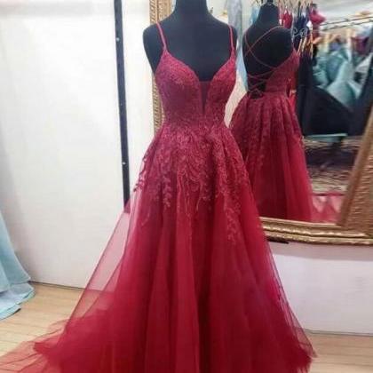 Mermaid Burgundy Tulle Lace Long Prom Dress