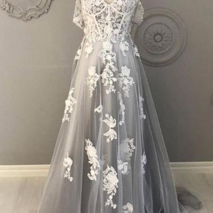 Gray Tulle A Line Off The Shoulder Prom Dresses, Long Formal Dresses, PL542