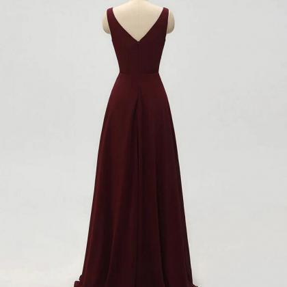 A-line V-neck Chiffon Burgundy Long Prom Dress, Evening Dress With Split OP880