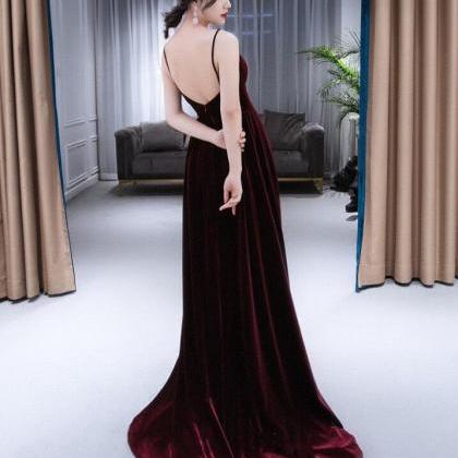 Beautiful Straps Wine Red Velvet Prom Dress