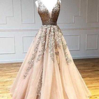 A Line Champagne V Neck Tulle Lace Beads Long Prom..