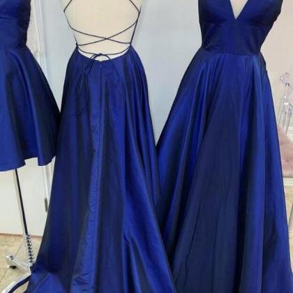 Simple V Neck Blue Satin Long Prom Dress