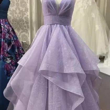 Beautiful Shiny V Neck Puffy Long Purple Prom..