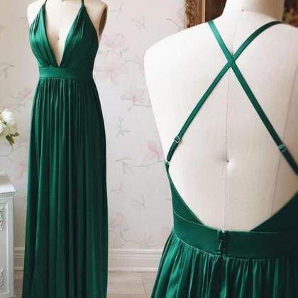 A Line V Neck Backless Emerald Green Prom Dresses