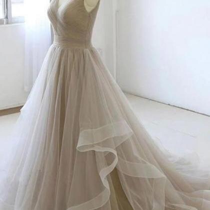 Simple V Neck Light Grey Tulle Prom Dresses