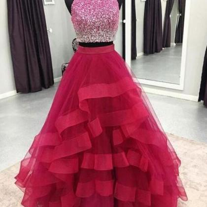 Two Piece Round Neckburgundy Tulle Sequins Prom..