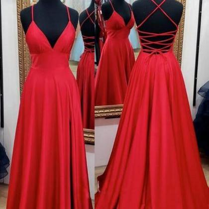 A Line Red Satin V Neck Long Prom Dresses