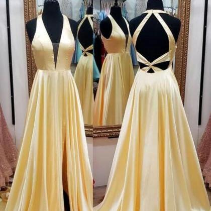 Simple V Neck Long Yellow Prom Dress
