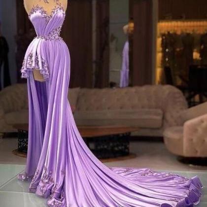 Special High Neck Purple Beaded Prom Dresses For..