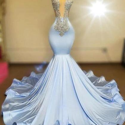 Elegant Light Blue Prom Dresses For Silver Crystal..