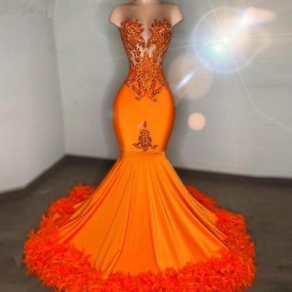 Mermaid Orange Feathers Prom Dresses For Women