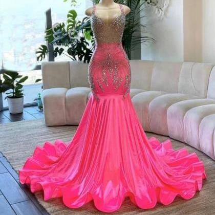 Sexy Pink Crystal Prom Dresses, Evening Dresses