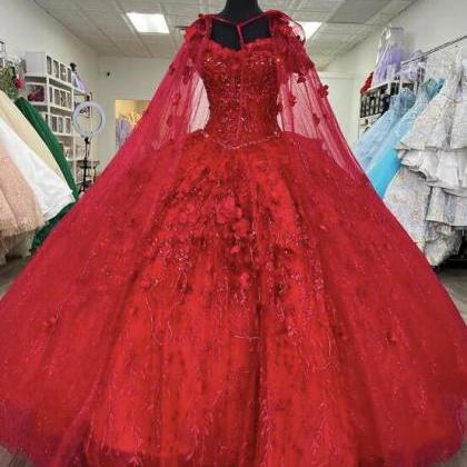 Ball Gown Tulle Cape Red Quinceanera Dresses 3d..
