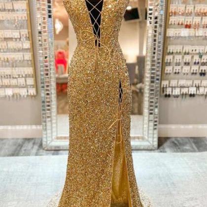 Mermaid V Neck Golden Sequins Long Prom Dress With..