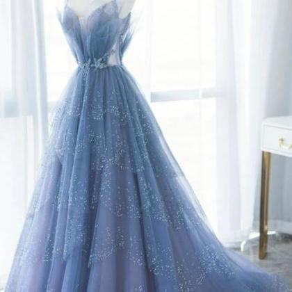 Shiny Tulle V Neck Blue Long Prom Dresses