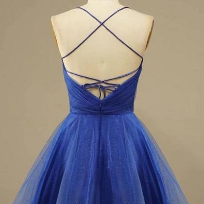 A Line V Neck Backless Blue Homecoming Dress