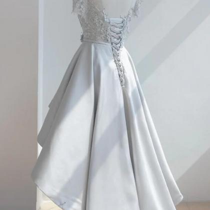 Off Shoulder High Low Gray Lace Prom Dresses