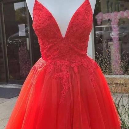 A Line V Neck Red Lace Short Prom Dresses