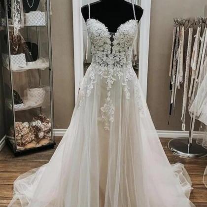 Straps A Line V Neck Ivory Lace Long Wedding Dress