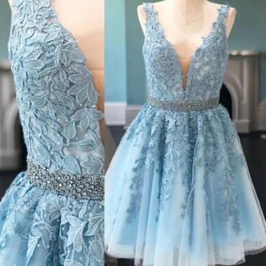 Sky Blue Short Lace Prom Dresses