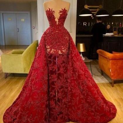 A Line Red Prom Dresses Detachable Skirt Beading..
