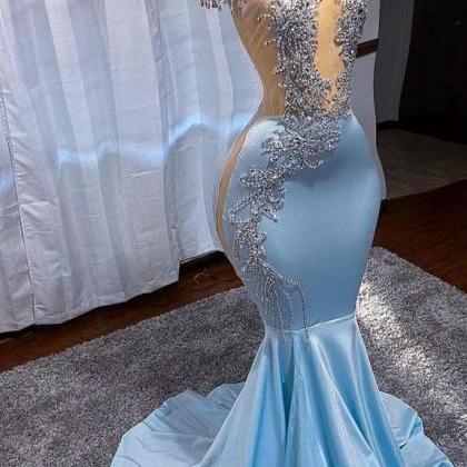 Sexy Long Blue Embellished Evening Dress With..