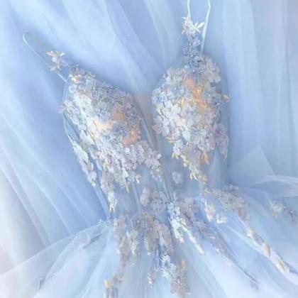 A Line Light Sky Blue Tulle Prom Dresses With Hand..