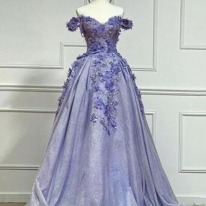 A Line Purple Tulle Lace Long Ball Gown Dress