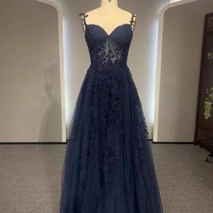 Elegant Navy Blue Lace Backless Tulle Formal Dress