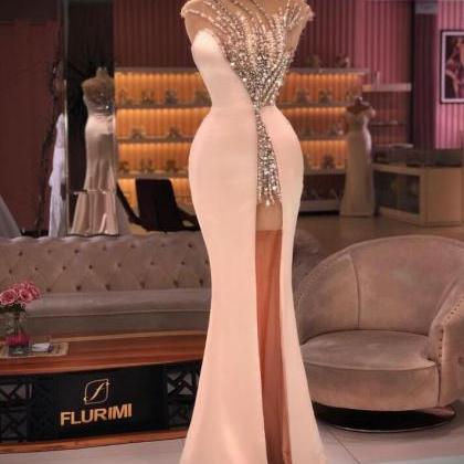 A Line Evening Dresses Long Crystals Beaded Prom..