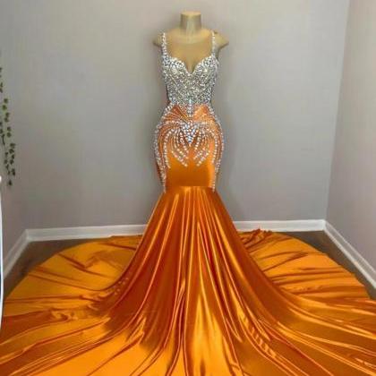Spaghetti Straps Plus Size Orange Prom Dresses..
