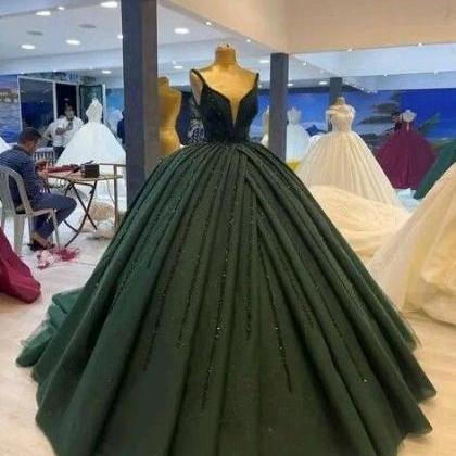 Vintage Green Ball Gown Wedding Dress Tulle Prom..