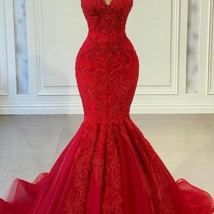 Sweetheart Sleeveless Mermaid Red Prom Dresses