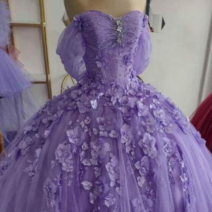 Off Shoulder Purple Ball Gown Prom Dresses With..