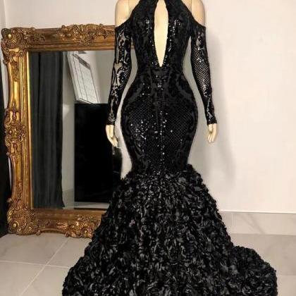 A Line Black Sequin Long Prom Dresses