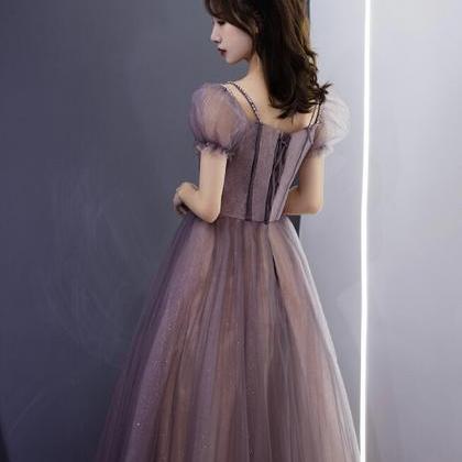 Cute Tulle Beads Long Prom Dresses