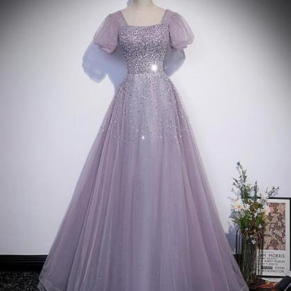 A Line Purple Tulle Beads Long Prom Dress