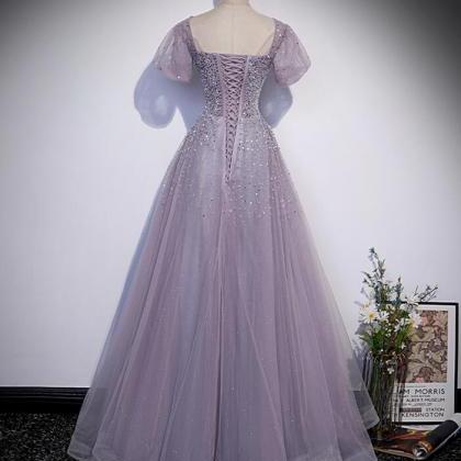 A Line Purple Tulle Beads Long Prom Dress