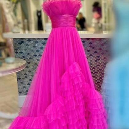 Cute Fuchsia Sweetheart A-Line Tulle Long Prom Dresses VK24032603 main image 0