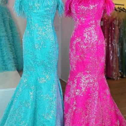 Mermaid Strapless Sequins Prom Dress With Feathers